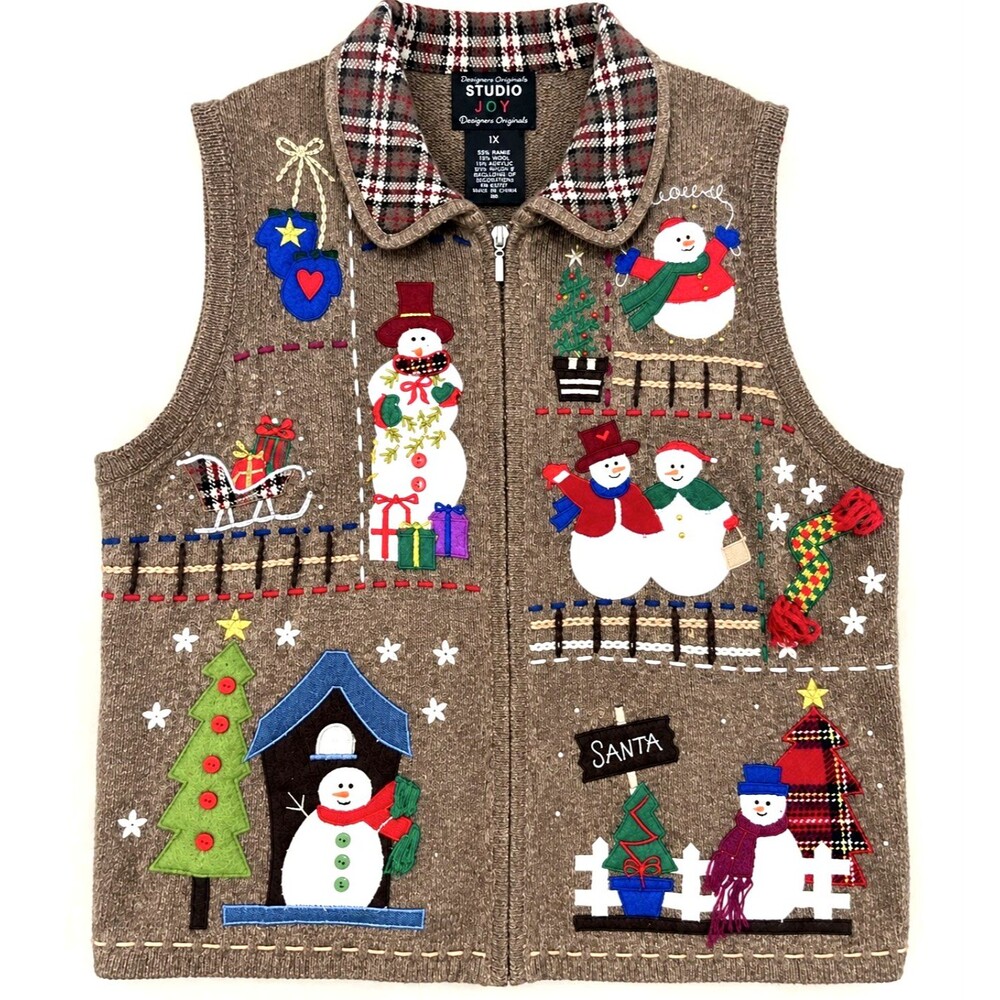 Designer Originals Studio Joy Christmas Sweater Vest 1X Snowman Holiday Applique